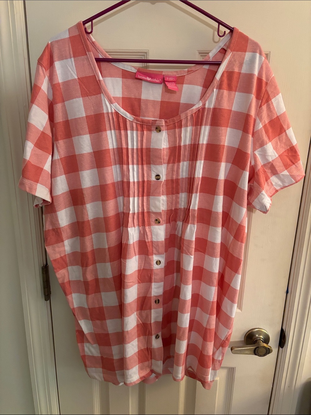 Woman Within Coral & White Checked Button-Front Tunic Top